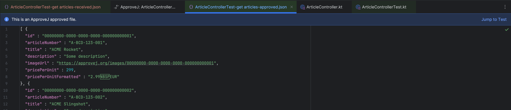 Banner on an approved file with "Navigate to Test" action