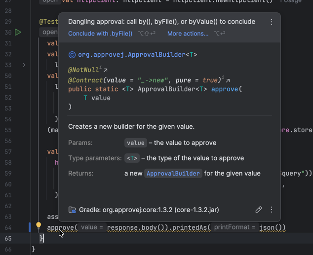 Warning on an approve call missing a terminal method