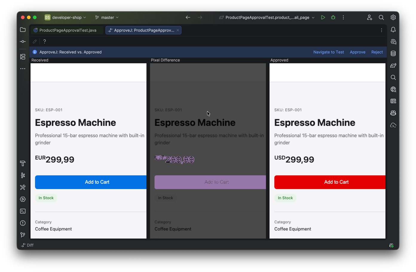 Image diff viewer with three panels showing Received and Pixel Difference and Approved