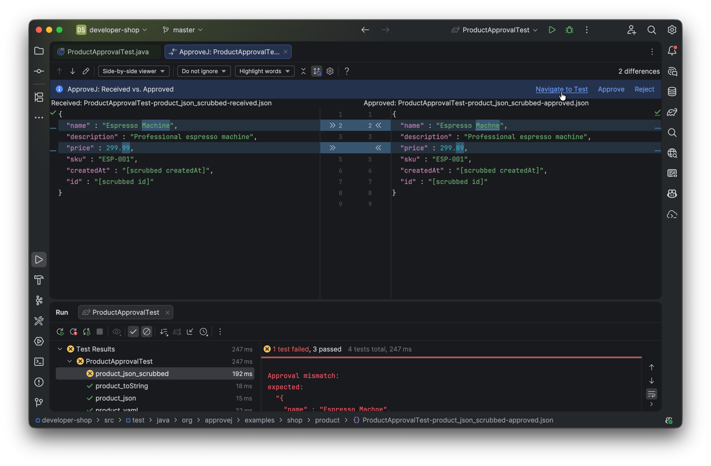 Side-by-side diff between received and approved file with approve action