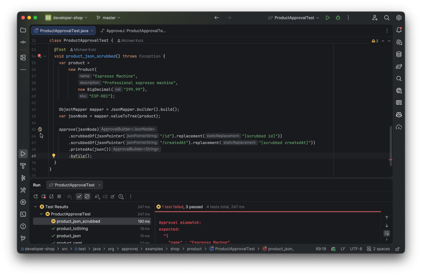 Pending approval gutter icon on a failed test