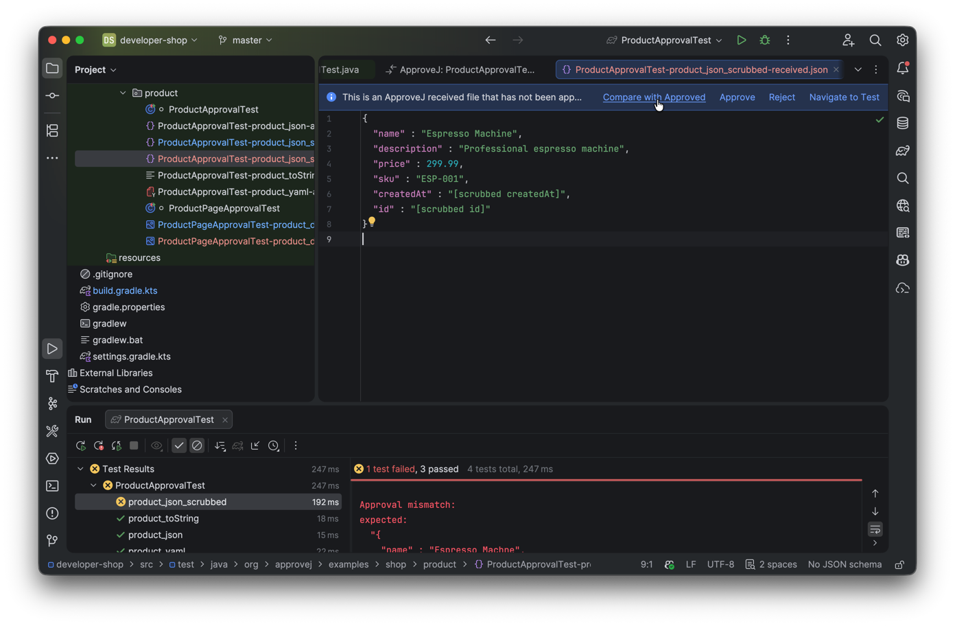 Banner on a received file with Compare with Approved and Approve and Reject actions